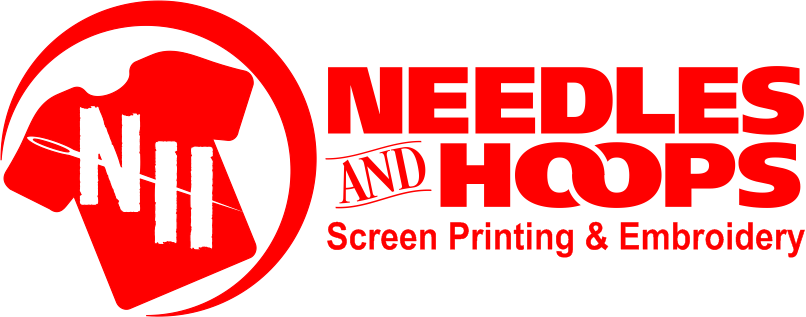 Red logo for Needles and Hoops screen printing and embroidery, featuring a t-shirt within a circle and text.