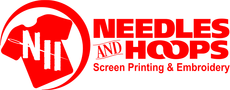 Red logo for Needles and Hoops screen printing and embroidery, featuring a t-shirt within a circle and text.