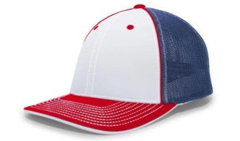 White and blue baseball cap with a red brim.