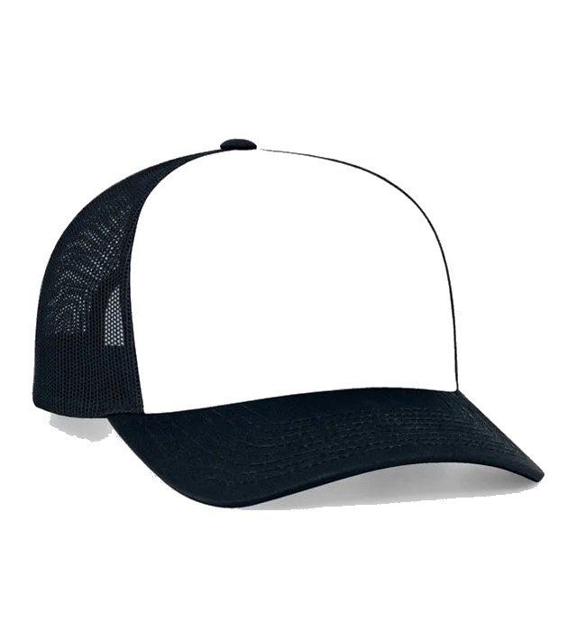 Black and white trucker hat with a white front panel.