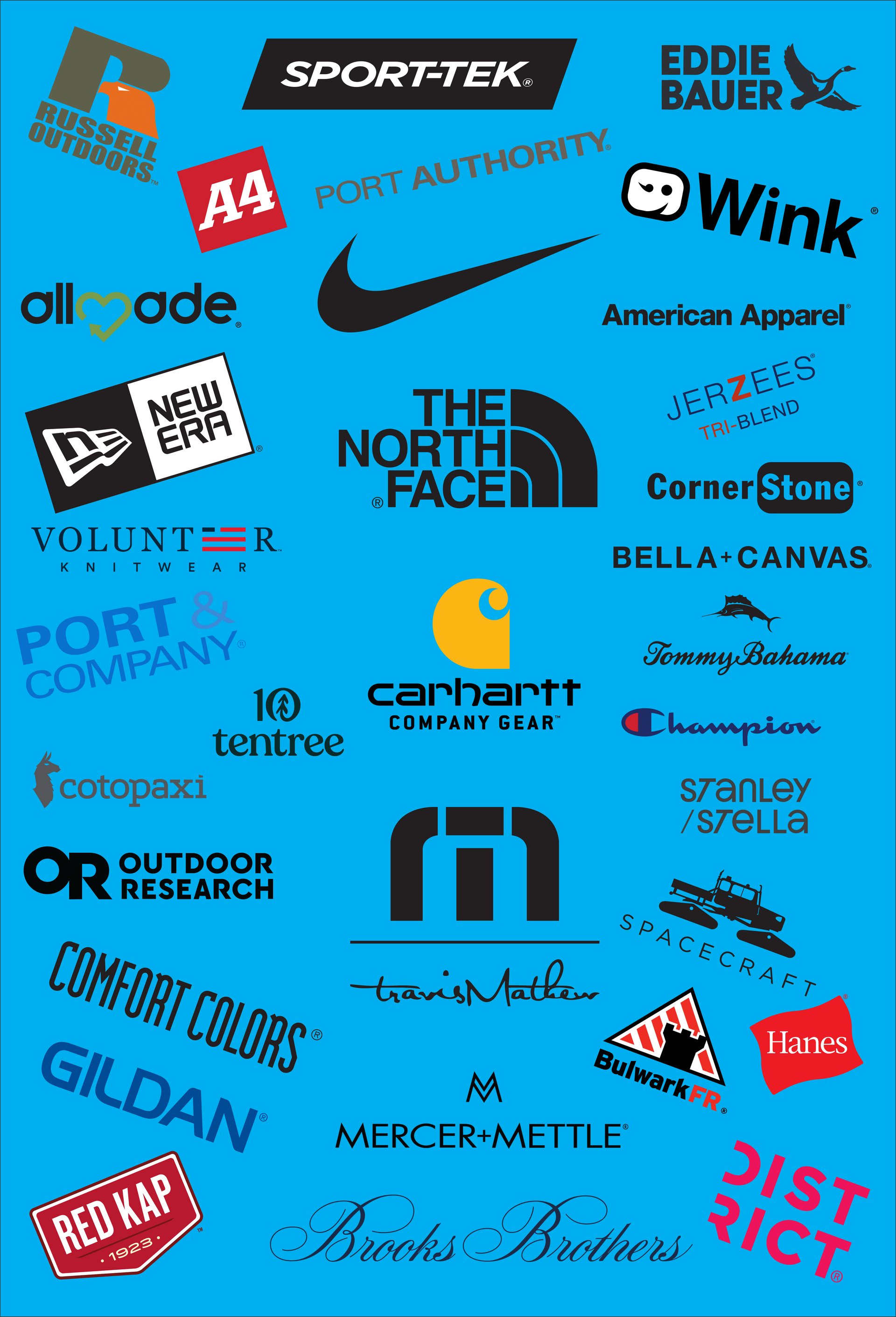 Logos of various apparel brands on a blue background, including Nike, The North Face, and Carhartt.