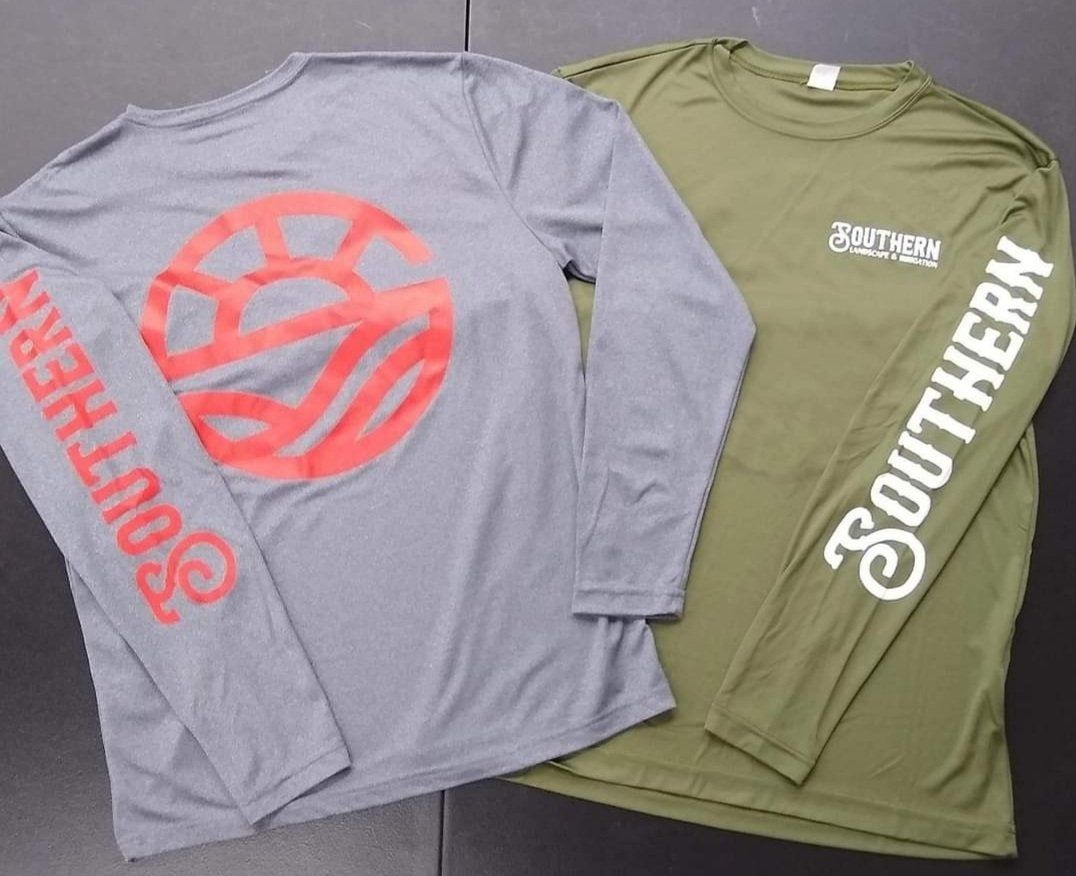 Two long-sleeved shirts: gray with a red logo and text, and olive with white text.