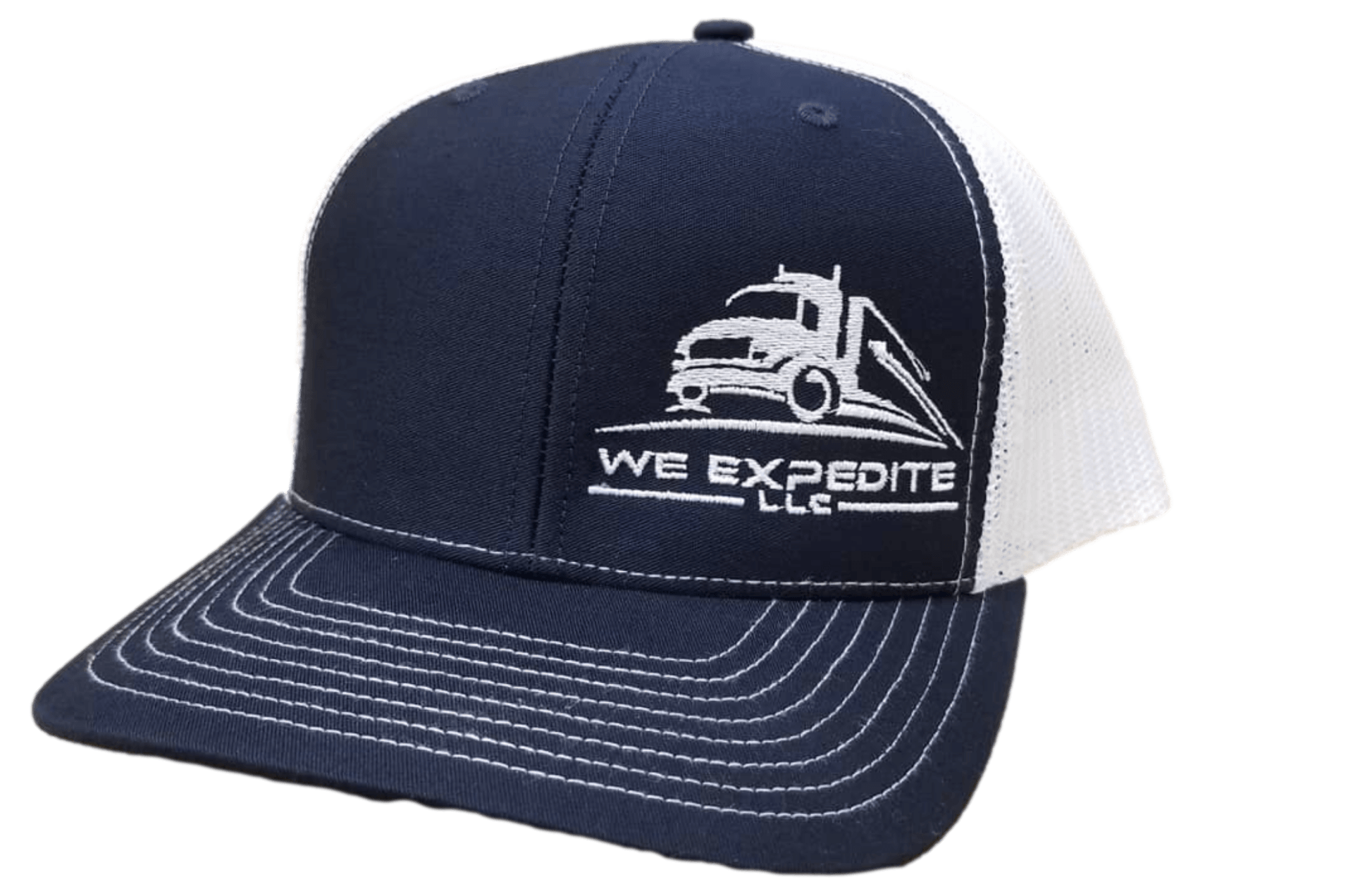 Navy blue trucker hat with white mesh back, 