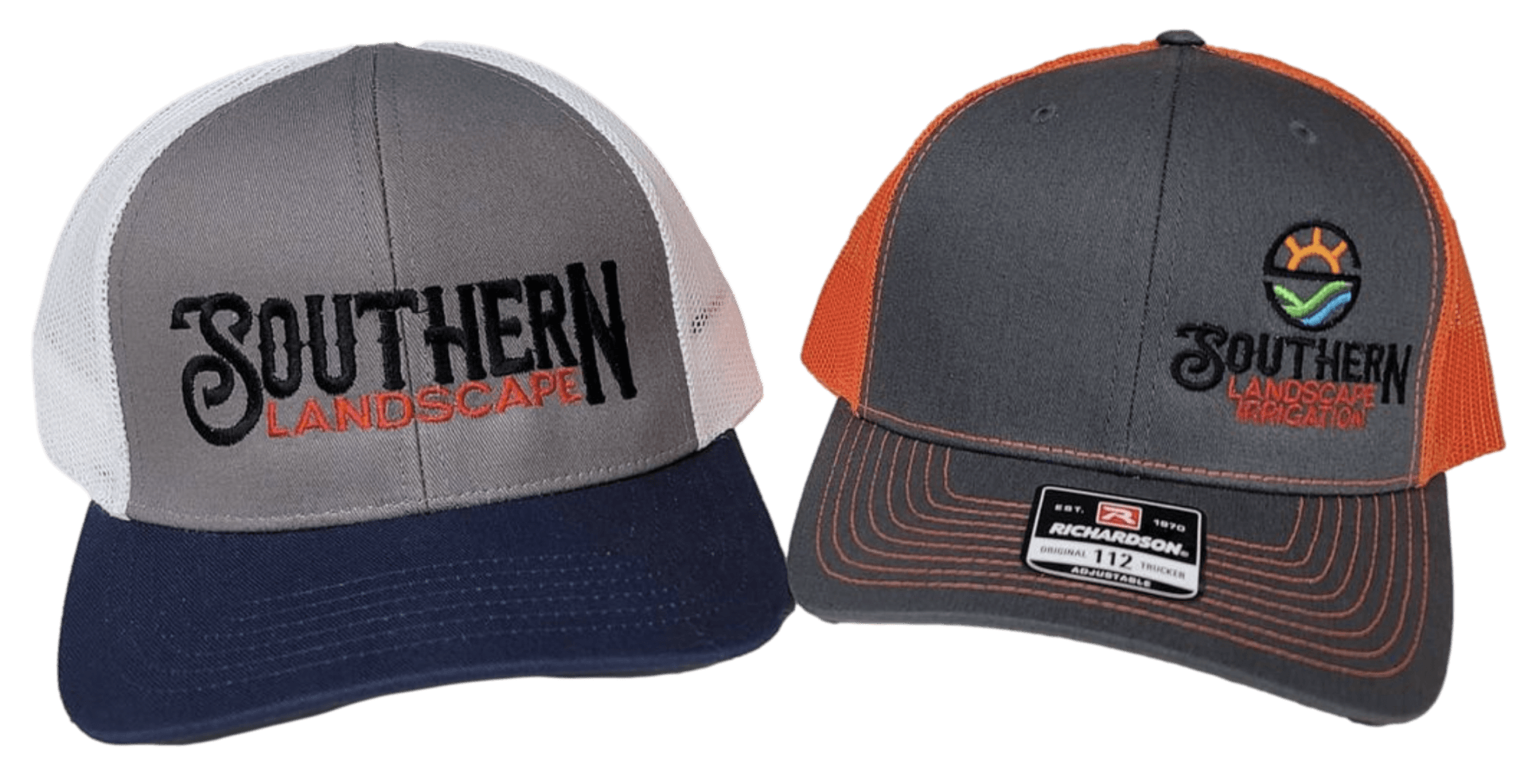 Two Southern Landscape trucker hats, one gray/white/navy, one gray/orange, embroidered logo.