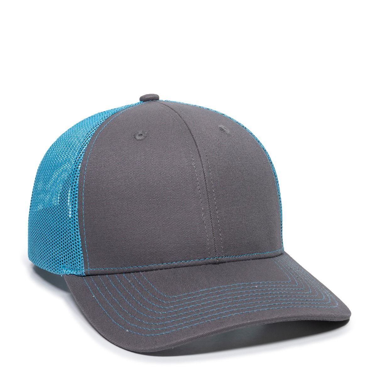 Gray and teal trucker hat with a curved brim.