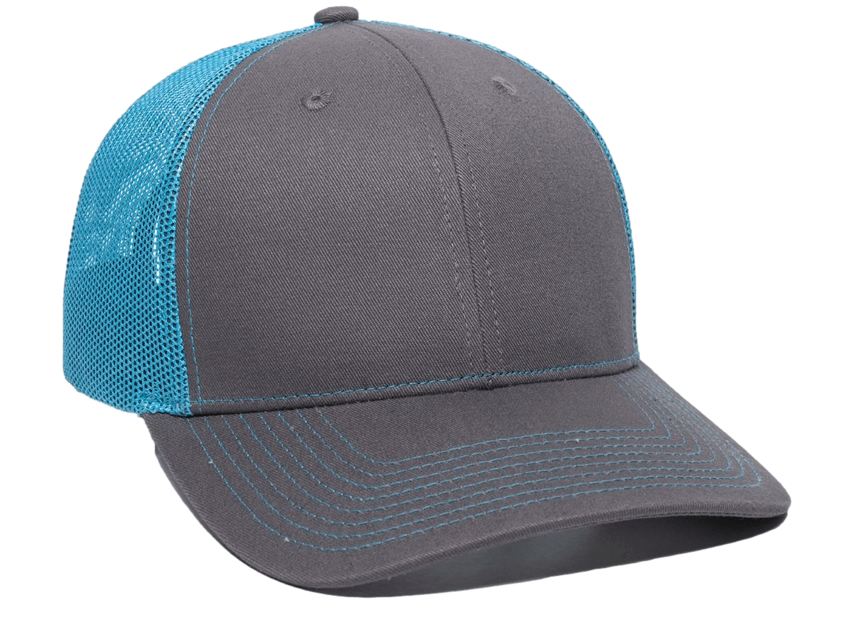 Gray and teal trucker hat with a curved brim.