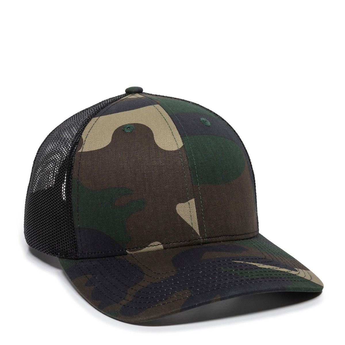 Camouflage trucker hat with black mesh back and curved brim.