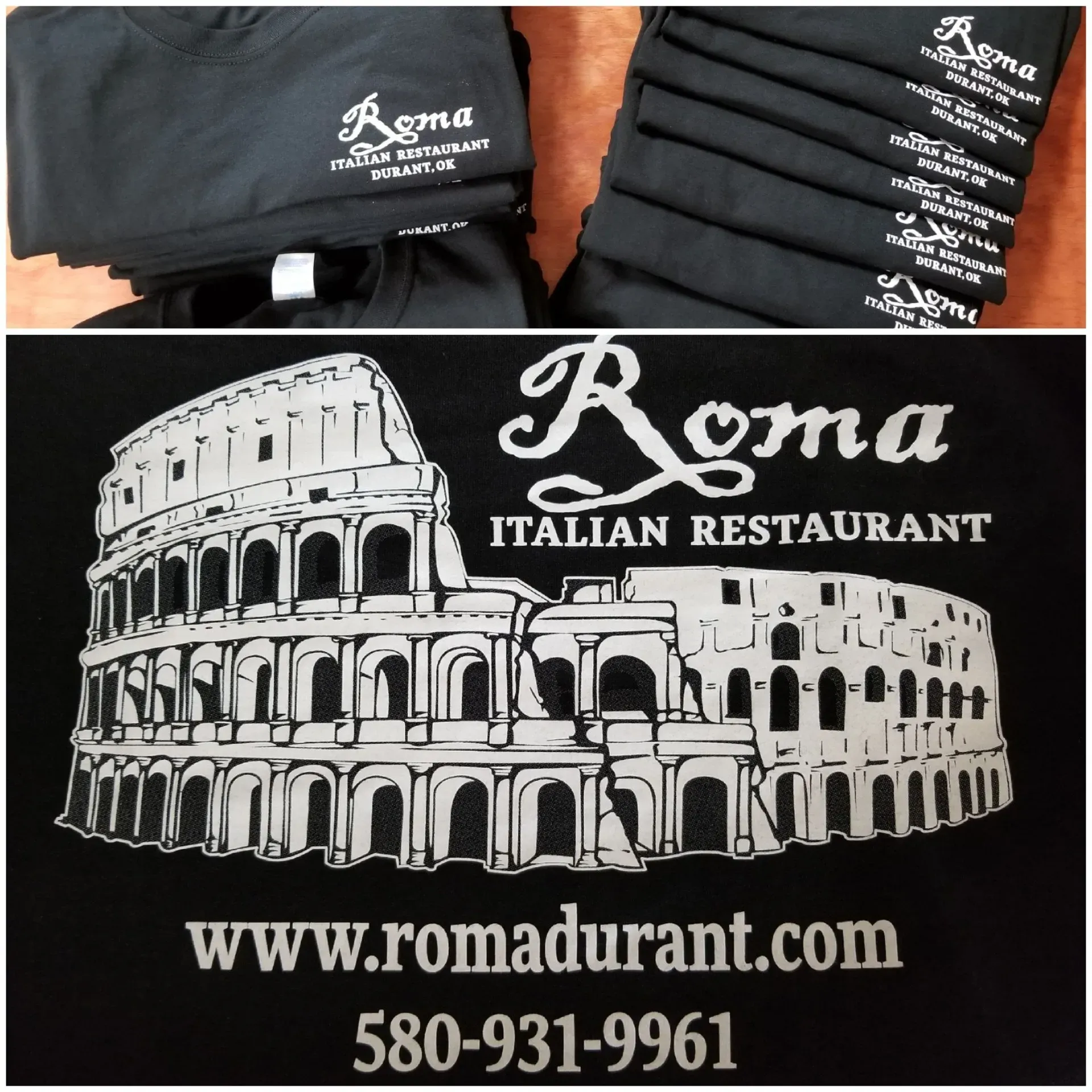 Black shirts with white Roma Italian Restaurant logo and website, www.romadurant.com.