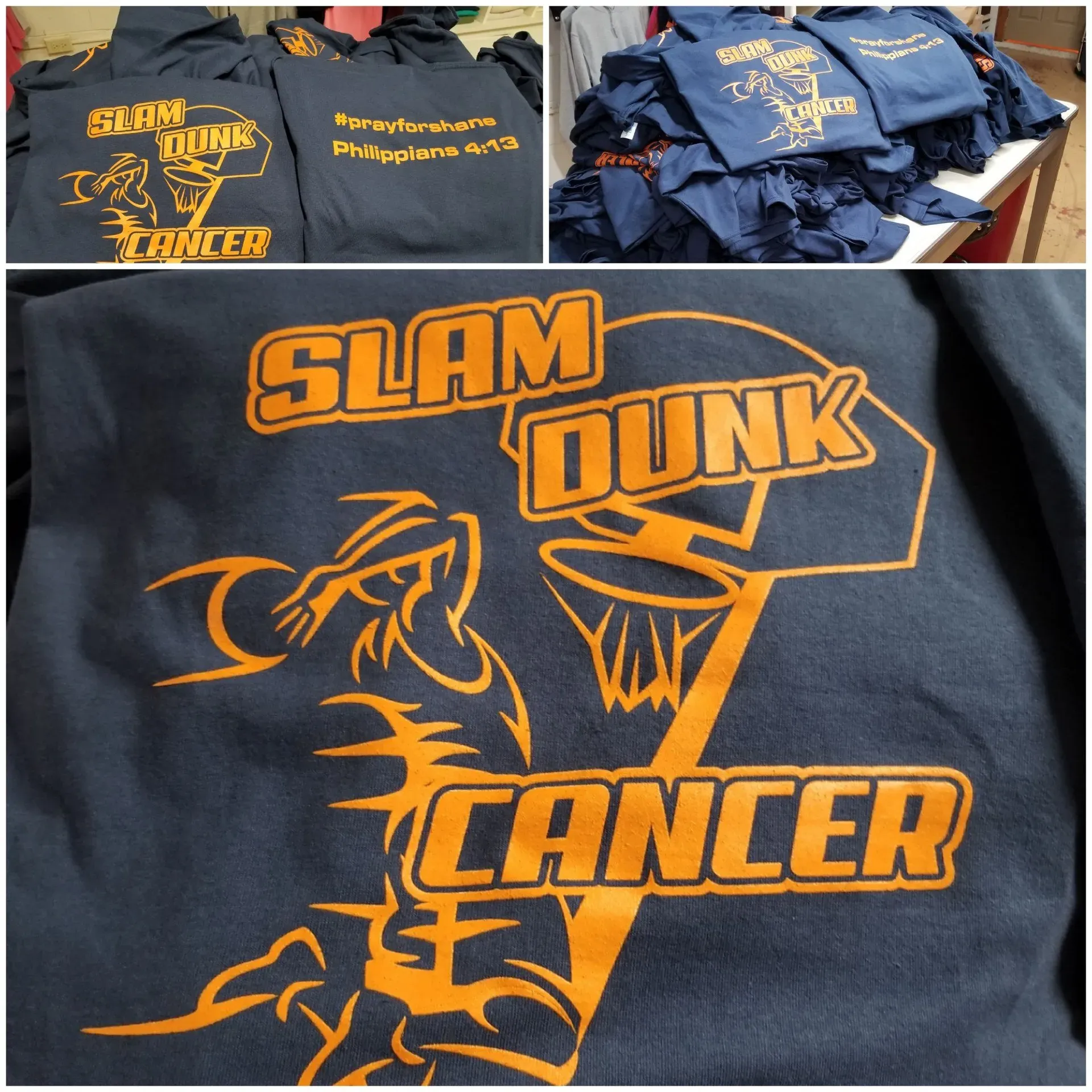 Navy blue shirts with orange graphic: