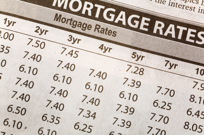 A newspaper article about mortgage rates is shown