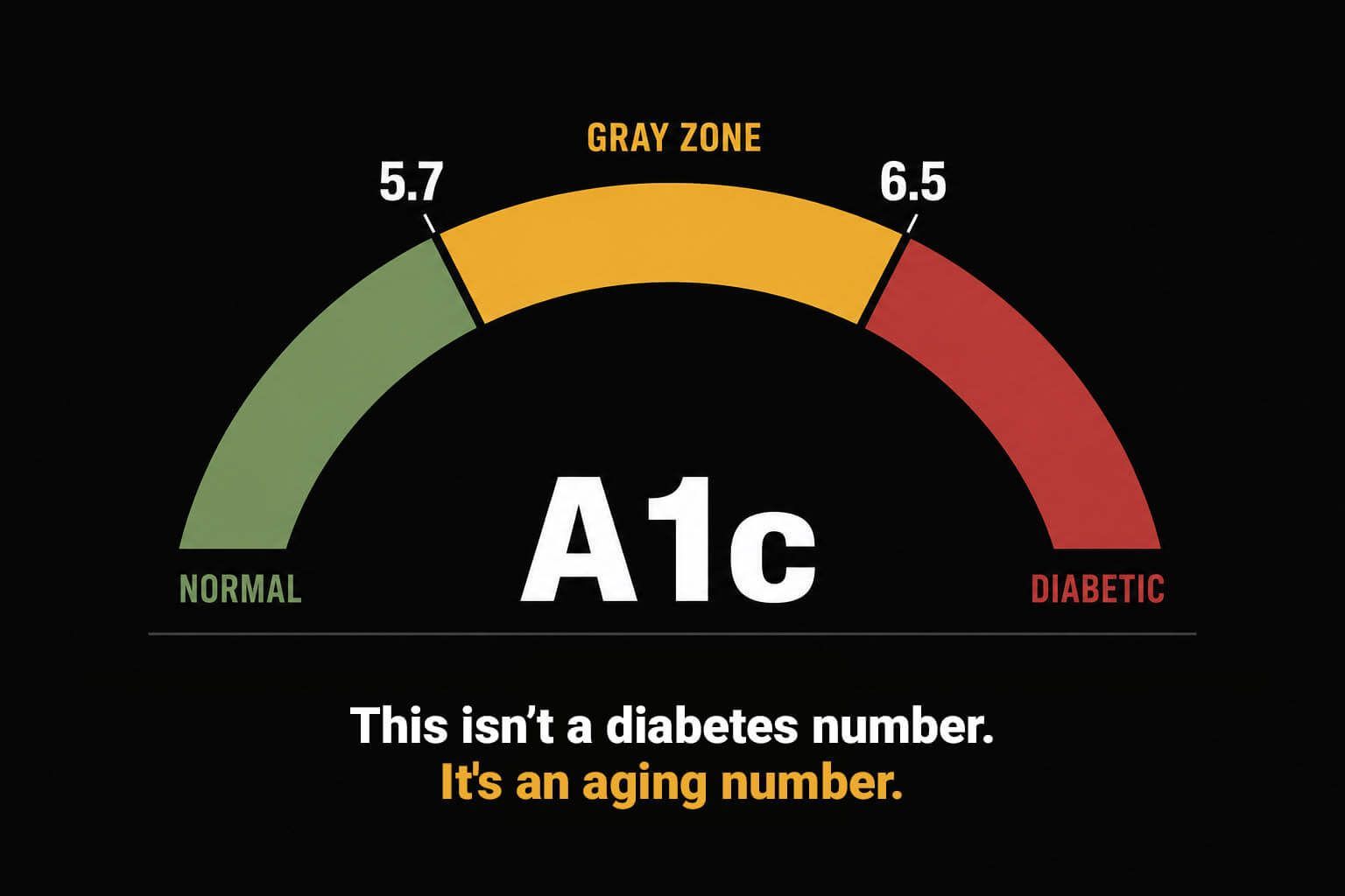 A1c gauge with green normal, yellow-gray zone, red diabetic; text says it’s an aging number, not a diabetes number