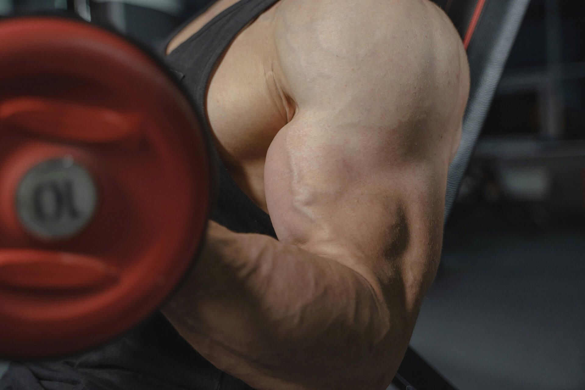 A person performing a bicep curl with a red 10-pound dumbbell in a gym setting.