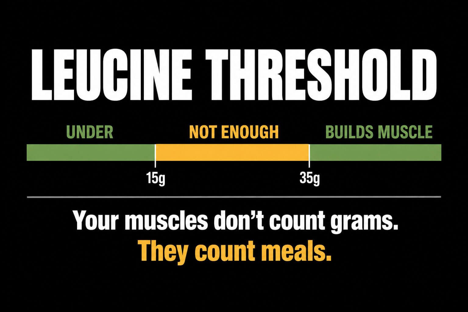 Leucine threshold infographic with green-yellow-red bar showing 15g under, 35g builds muscle, and “They count meals.”