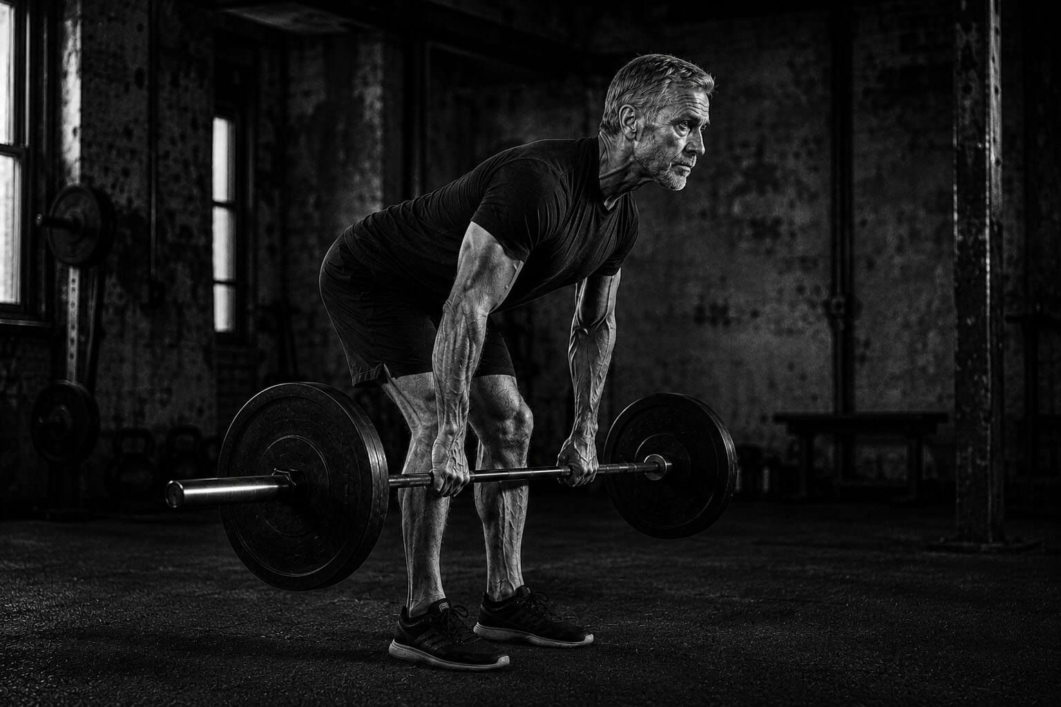 Person lifting a barbell in a dim gym, wearing dark workout clothes.