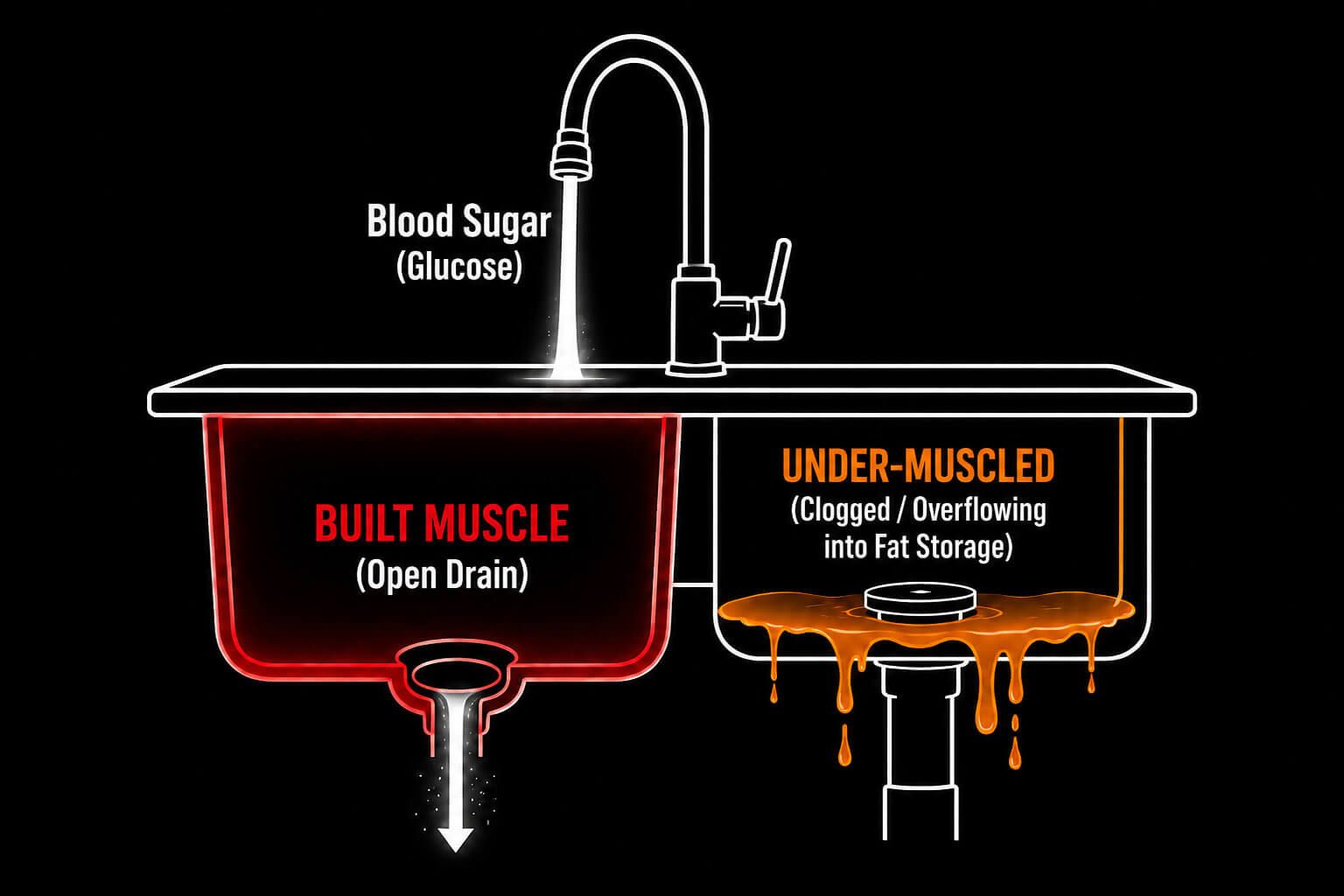 Diagram of blood sugar and muscles, showing bulging muscle draining and under-muscled energy-overflowing tissue.
