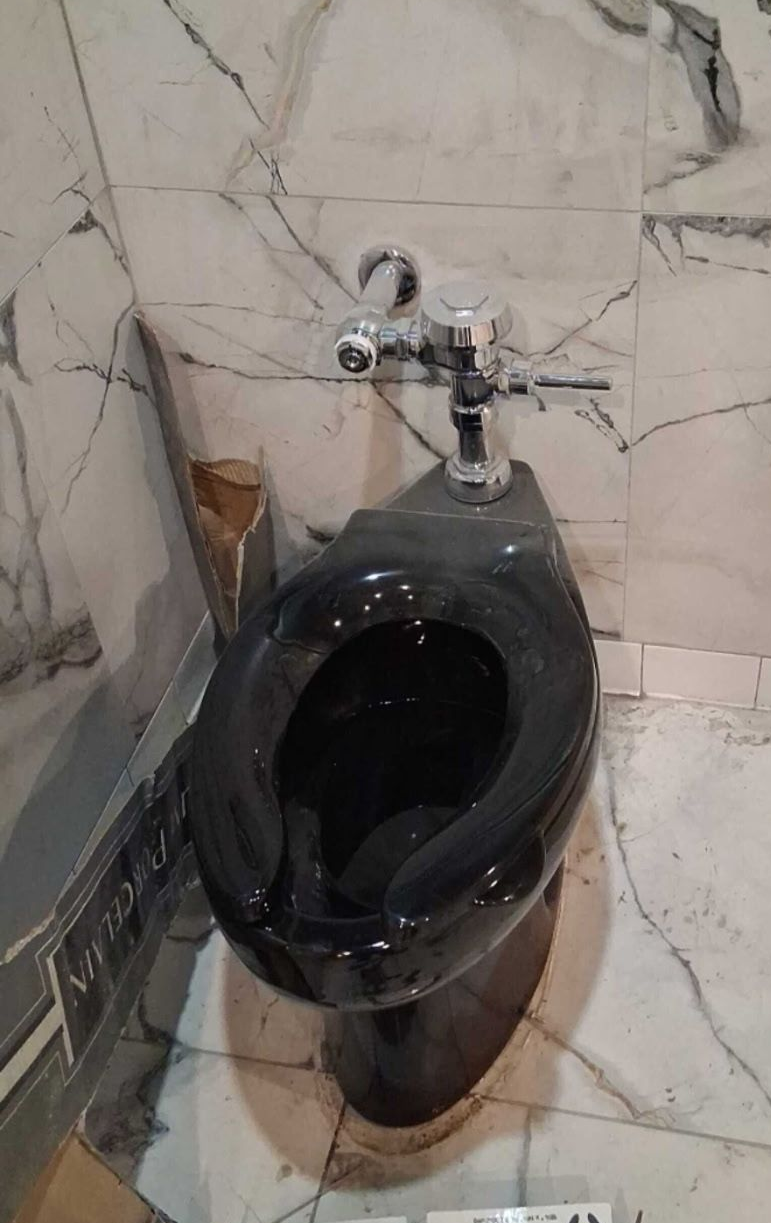 Plumber in blue overalls inspects a toilet, with tools scattered around a bathroom.