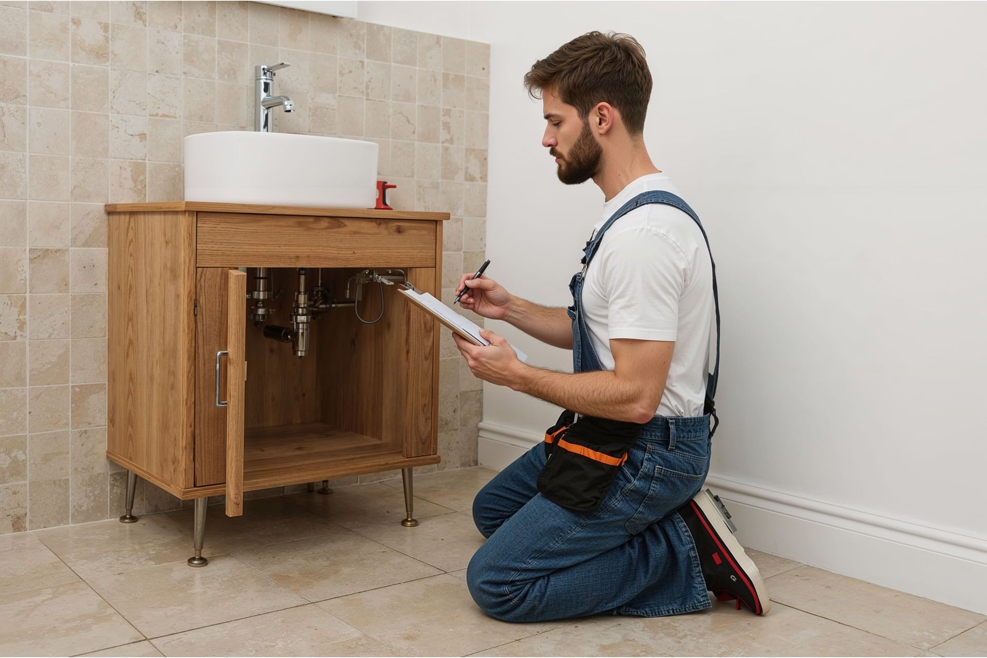 Plumber kneeling in a bathroom, examining under the sink while holding a clipboard. Plumber kneeling in a bathroom, examining under the sink while holding a clipboard.