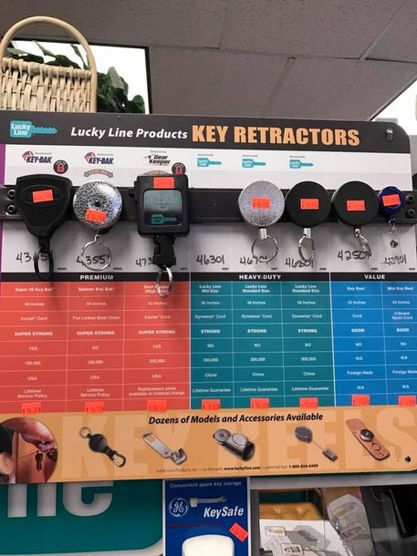 A display of key retractors in a store