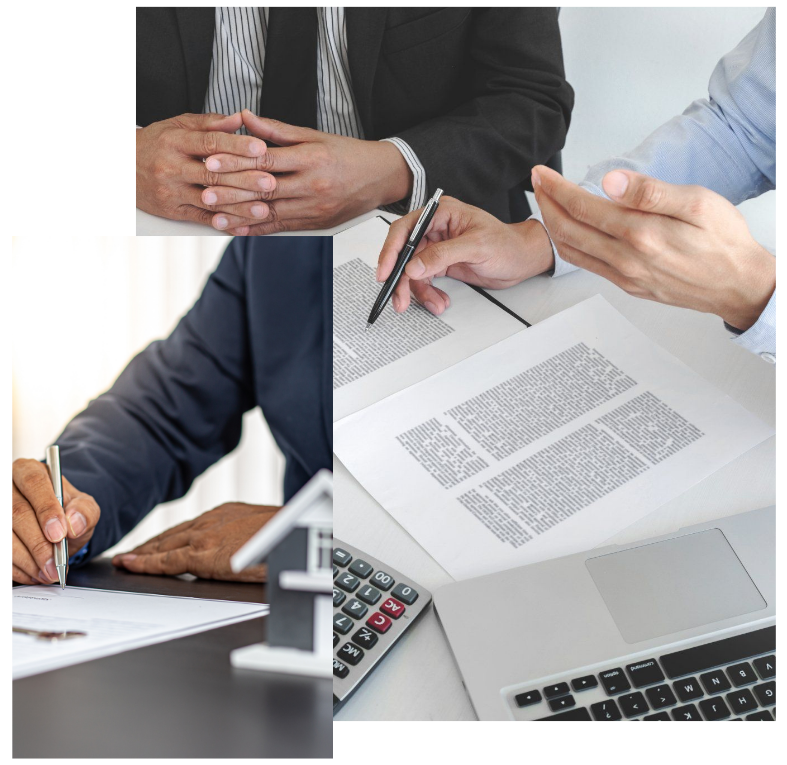Collage of hands in business meeting, signing documents and reviewing paperwork at a desk with laptop and calculator