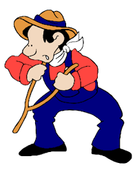 Cartoon of a person in a straw hat and red shirt holding a cane, standing in a bent pose.