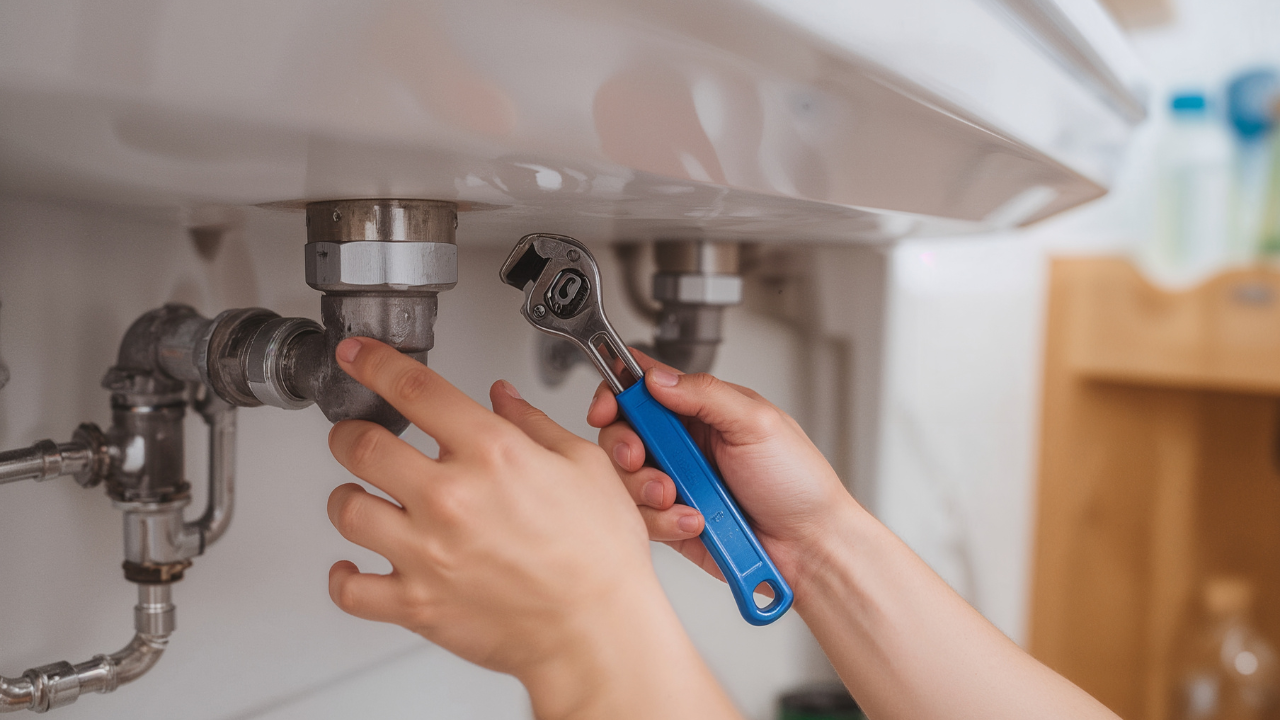 Person using a wrench to tighten plumbing under a white sink.