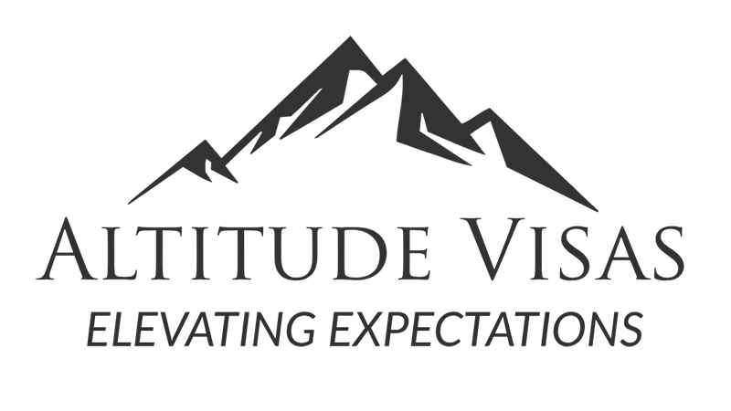 Logo for Altitude Visas: a mountain range above text "Altitude Visas. Elevating Expectations."