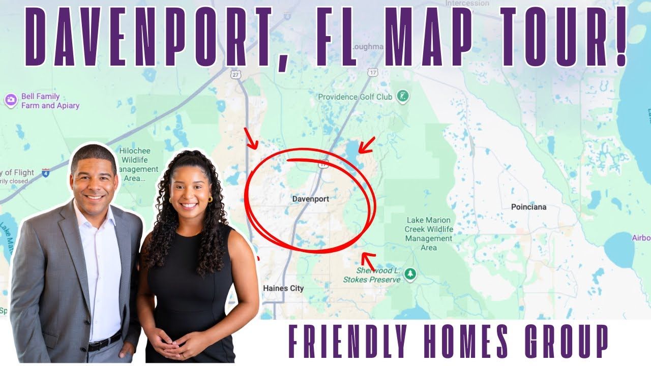 Two people stand before a map of Davenport, Florida; text overlay says 