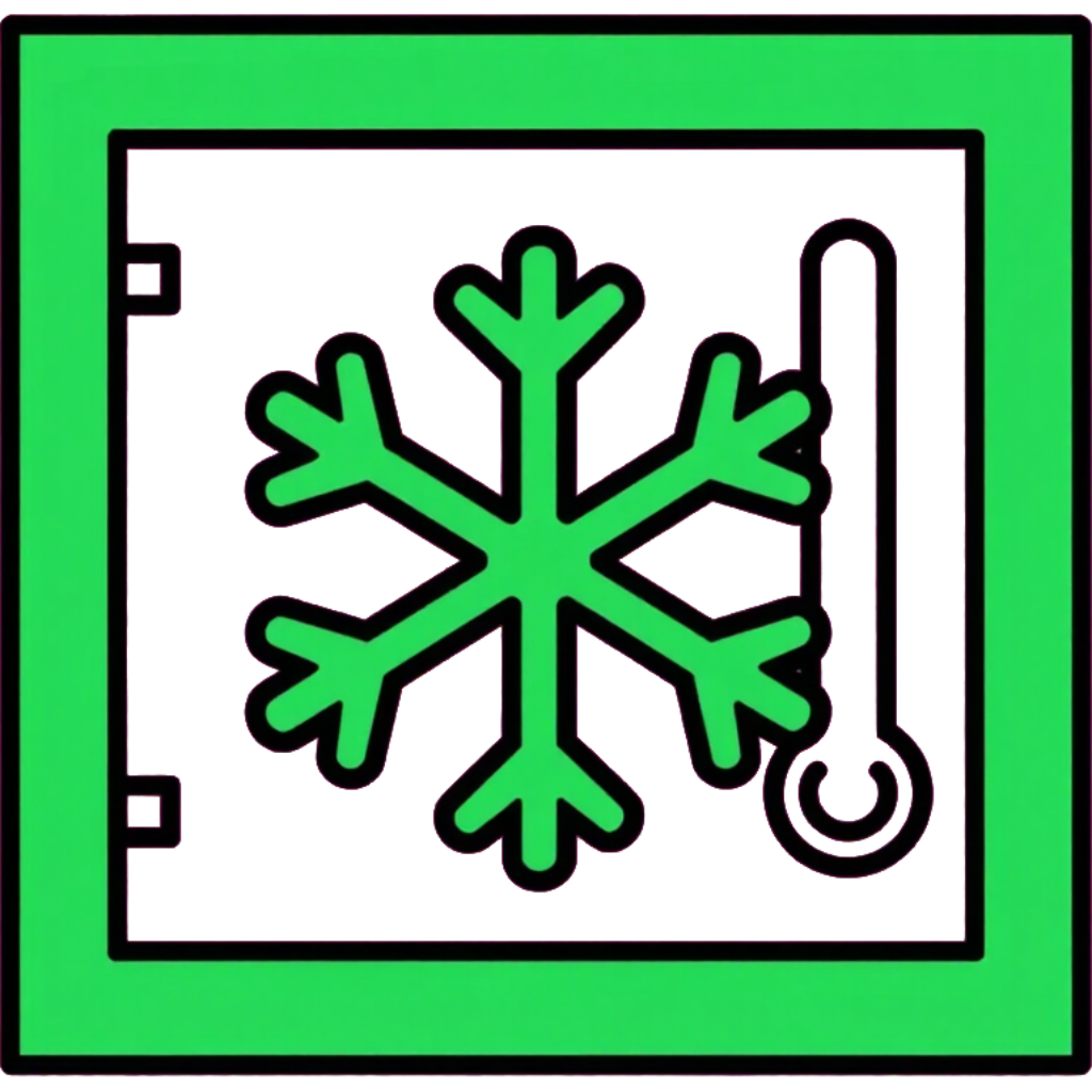 Green freezer icon with a snowflake and thermometer, indicating cold storage or cooling temperature.