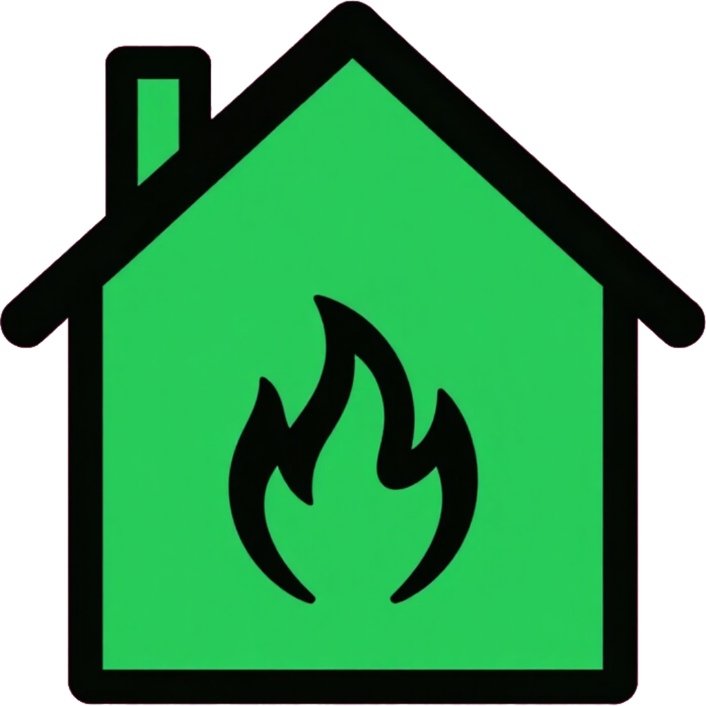 Green house icon with a black flame symbol inside, suggesting heating or fire hazard.