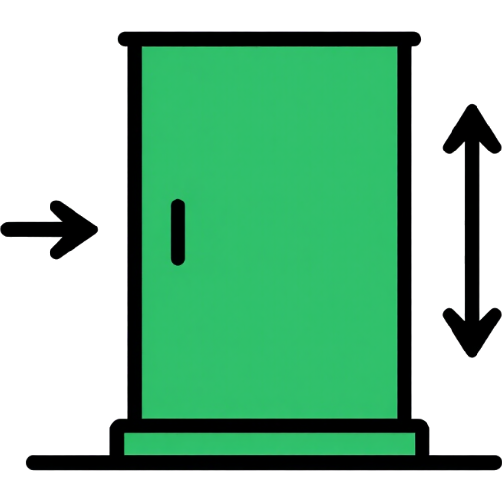 Green door with arrows indicating horizontal opening and vertical movement on white background