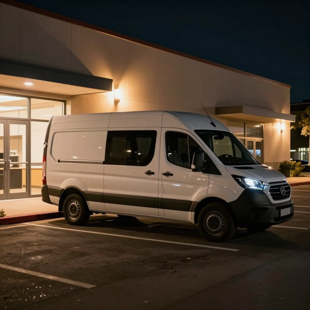 White cargo van parked outside a building at night under warm exterior lights.