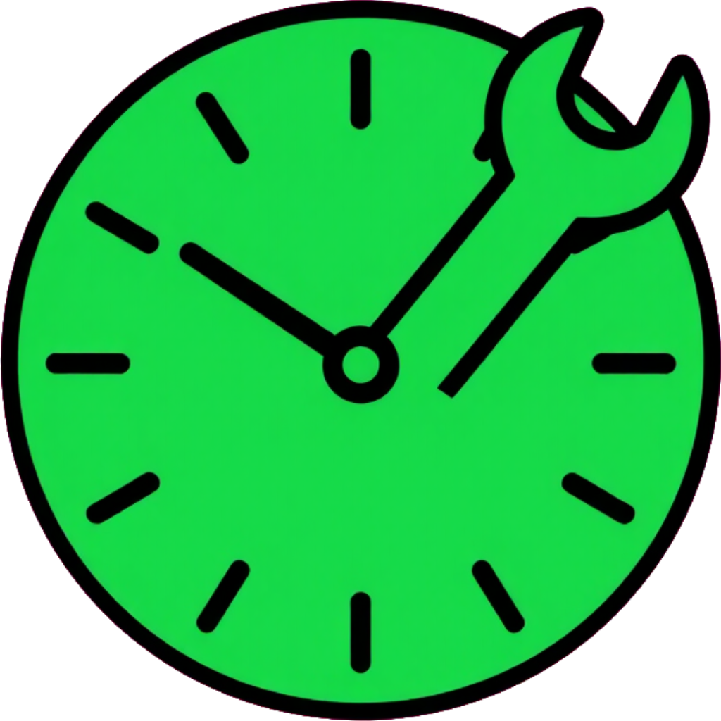 Green clock icon with a wrench overlay, suggesting settings or maintenance