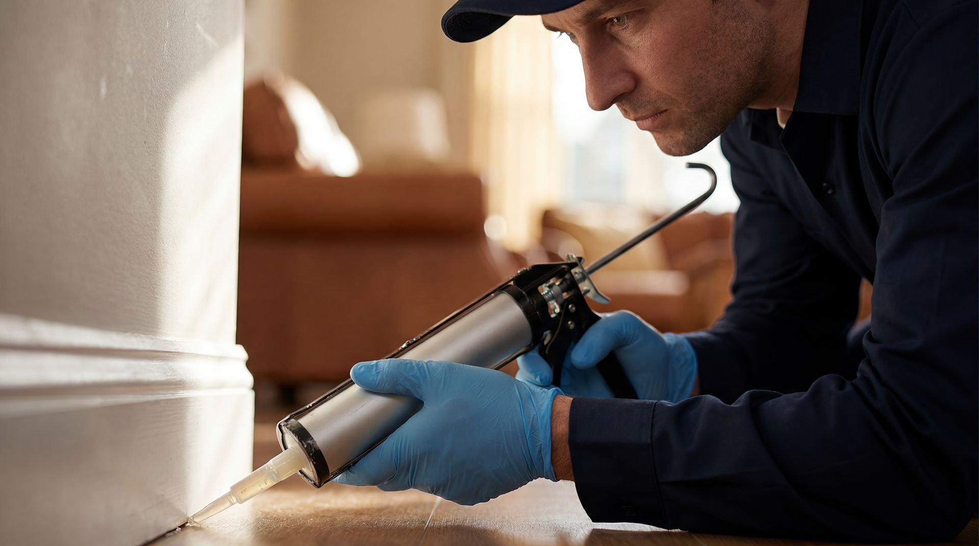 Commercial pest control service technician inspecting a business facility.]