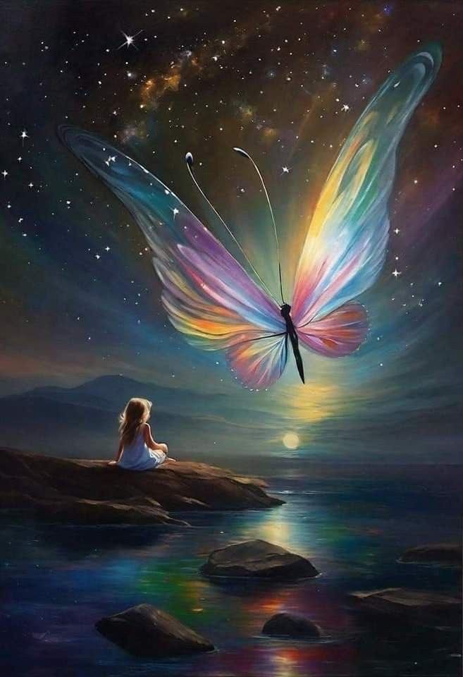 A child meditates before a rainbow butterfly at dusk. Stars, water, and colorful light.