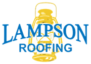 Lampson Roofing logo with blue text and a yellow lantern illustration