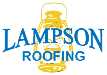 Lampson Roofing logo with blue text and a yellow lantern illustration