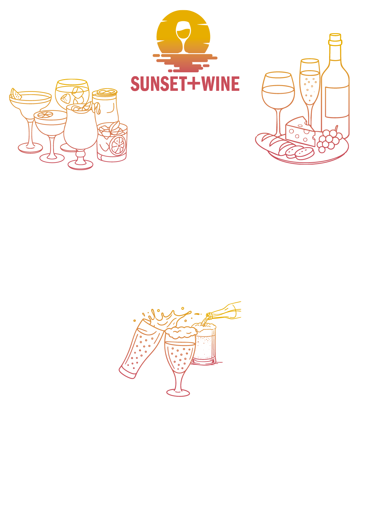 Sunset Wine logo: Drinks illustrations in orange and gold.