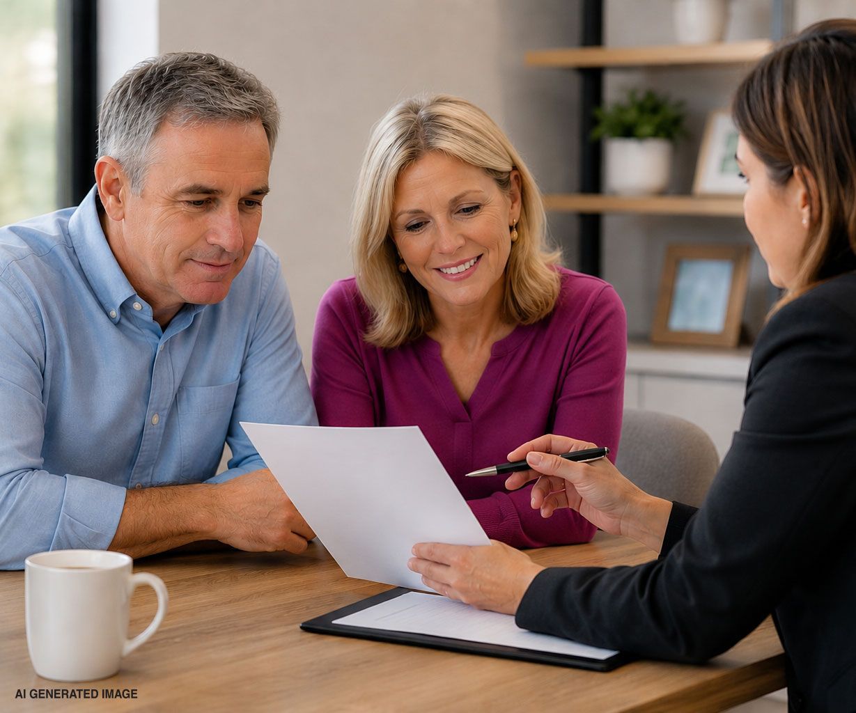Three people reviewing documents at a desk in a bright office, one pointing with a pen.