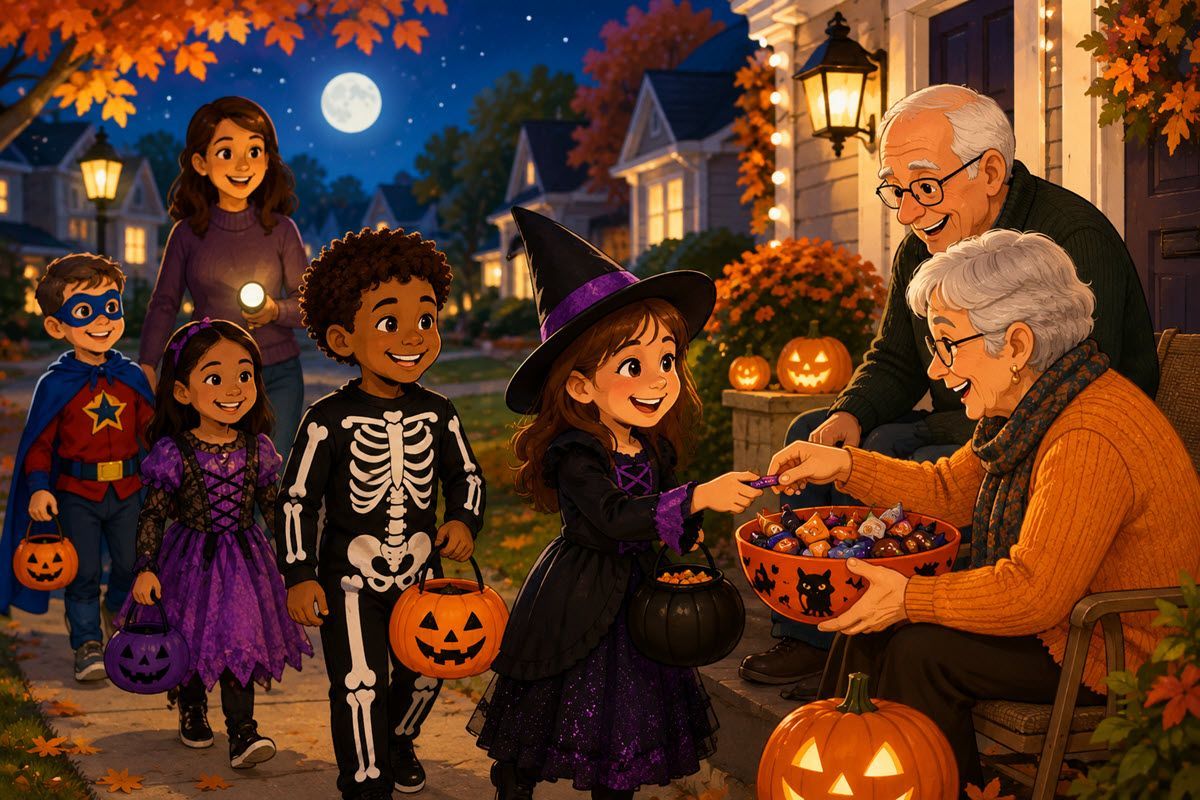 Children in Halloween costumes trick-or-treat with neighbors on a decorated front porch at night