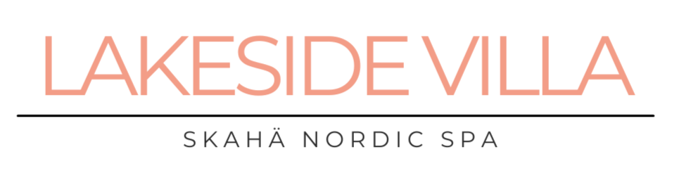 Logo for Lakeside Villa Skaha Nordic Spa with light pink text on a white background with a thin horizontal line.