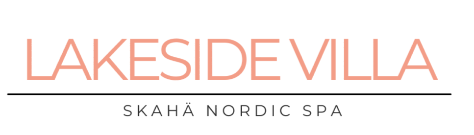 The logo for Lakeside Villa Skahā Nordic Spa in rose-gold serif lettering with a thin grey line separating the two lines.