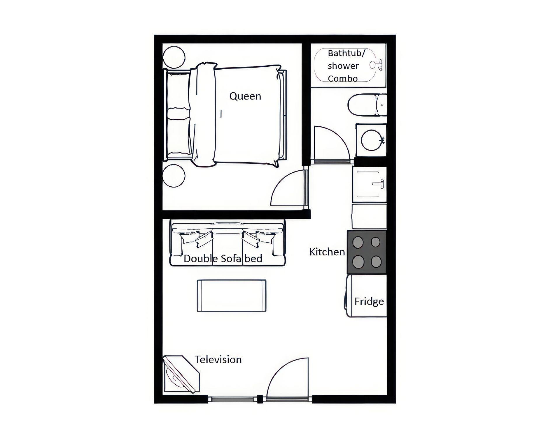 A black and white floor plan of a small apartment featuring a bedroom, bathroom, kitchenette, and living area.