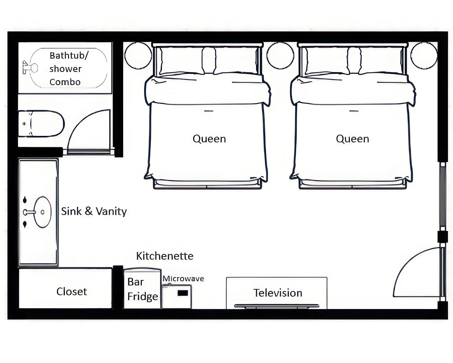 Floor plan of a hotel room featuring two queen beds, a bathroom, a vanity, a closet, a kitchenette, and a television.