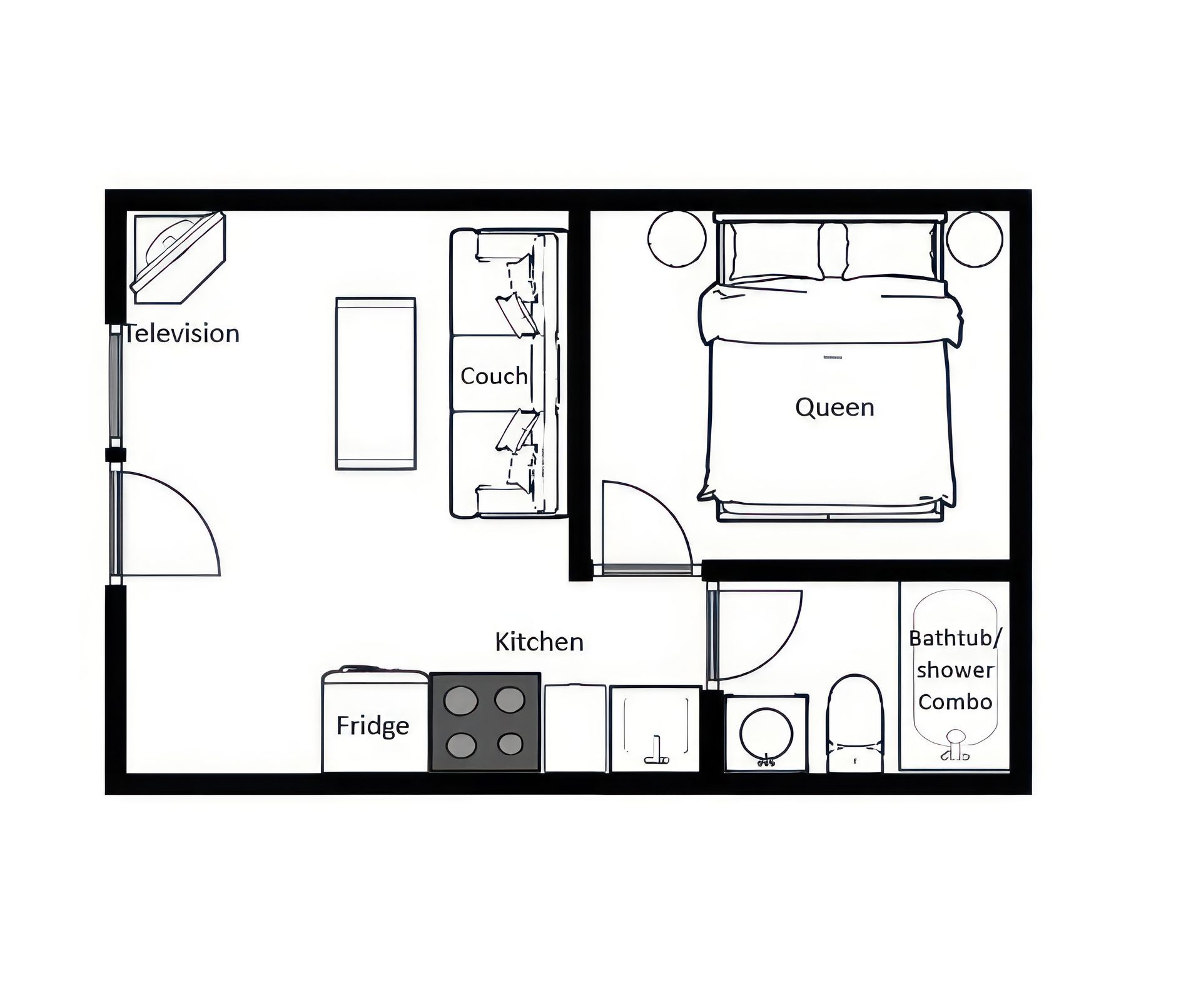 Floor plan for a one-bedroom apartment with a living area, kitchen, bathroom with shower, and a queen-sized bed.