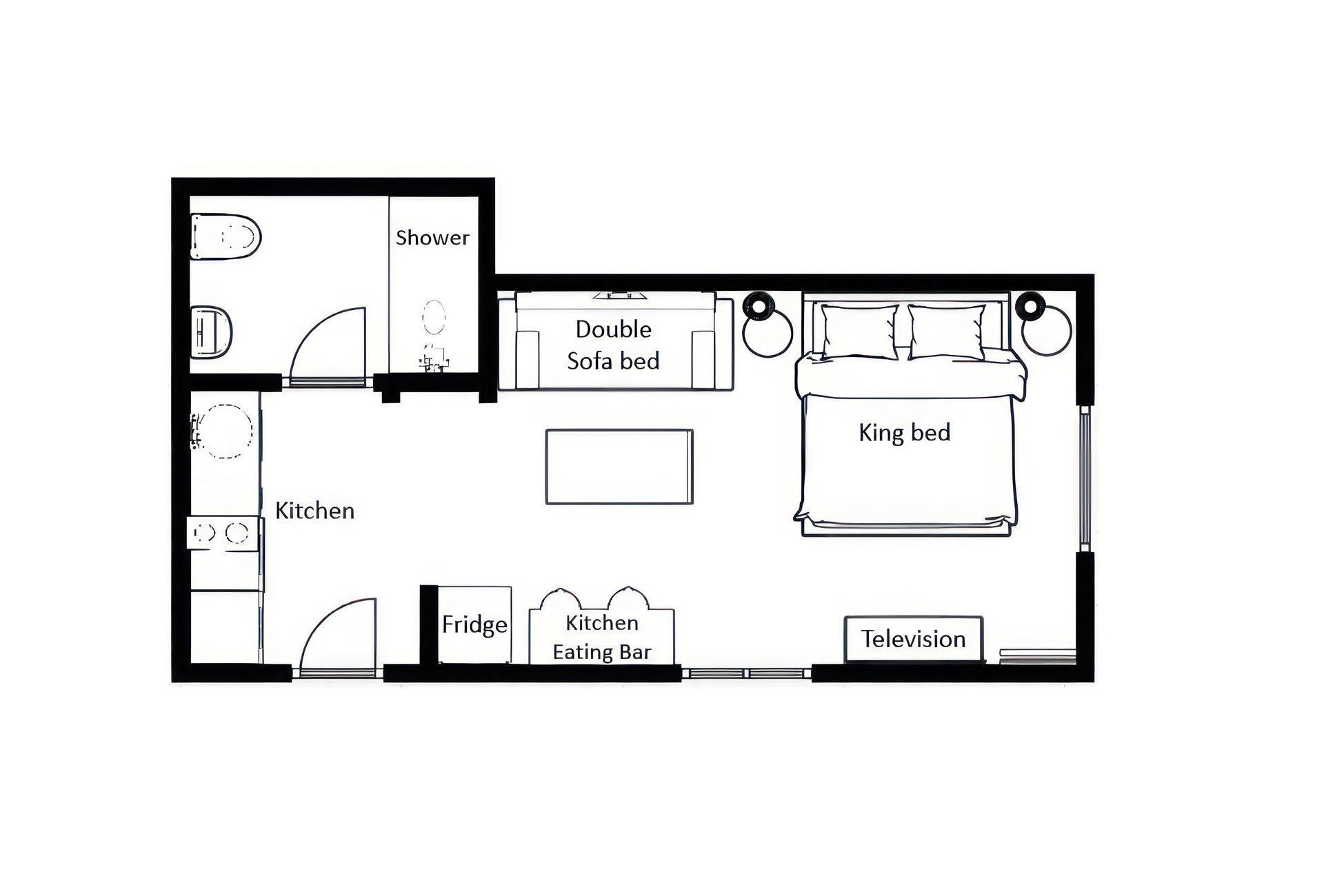 A floor plan for a studio suite, showing a bathroom, a kitchenette, a double sofa bed, and a king bed.