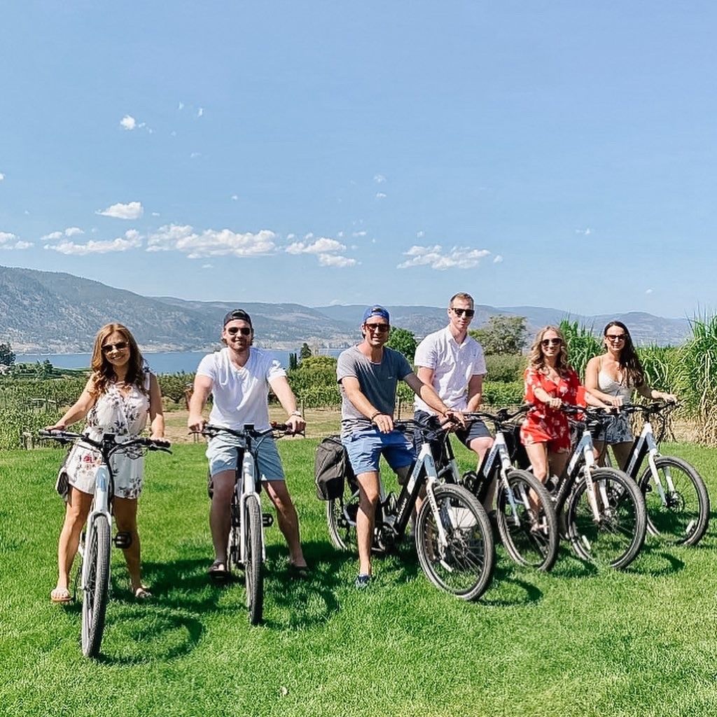 Six people pose on bicycles in a grassy field with a mountain and water backdrop on a bright, sunny day.