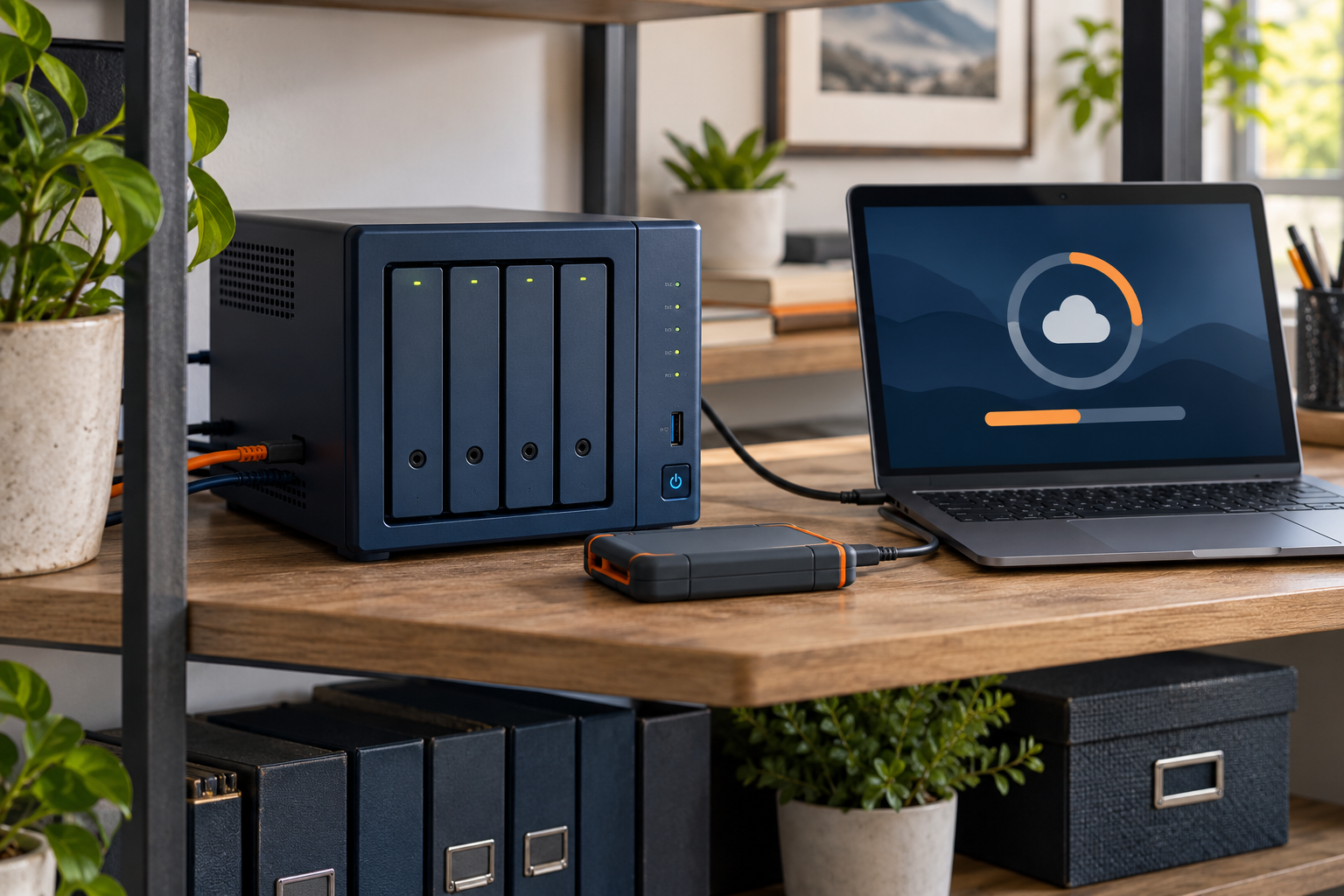 Home office desk with a blue NAS drive, laptop showing cloud sync, and storage boxes