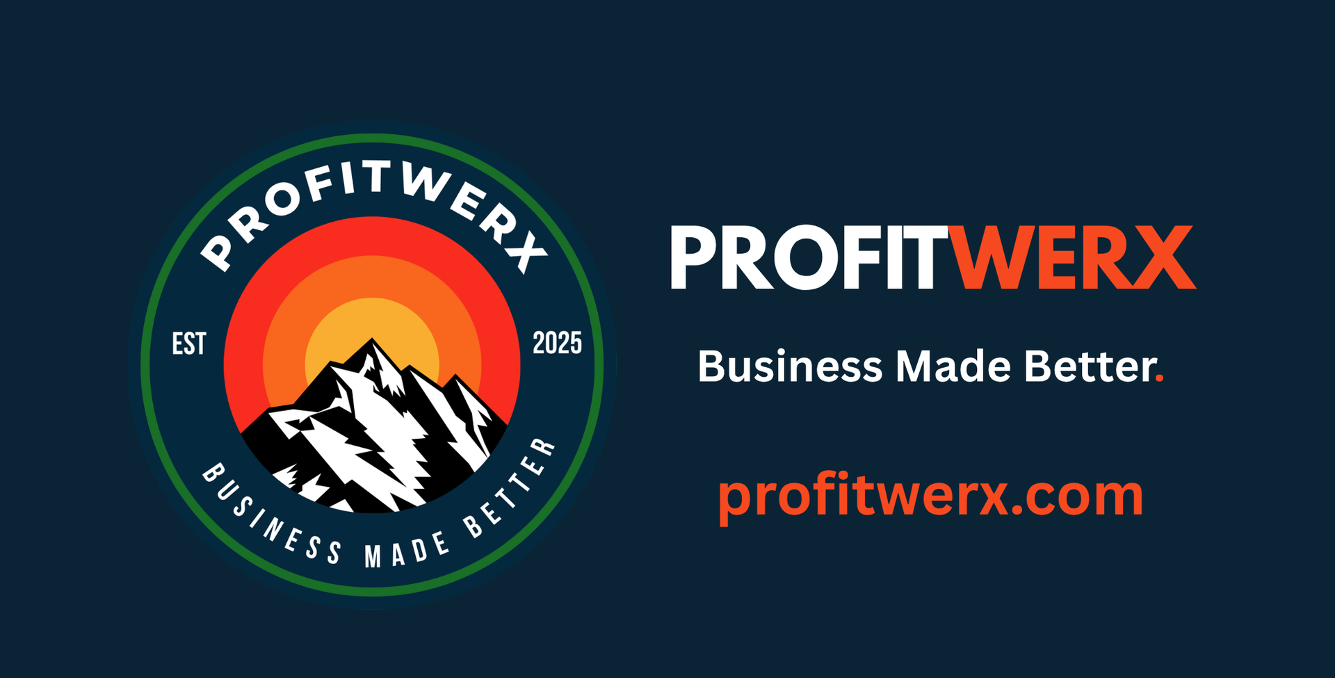 ProfitWerx logo with mountain emblem, white and orange text, and profiitwerx.com on a dark blue background