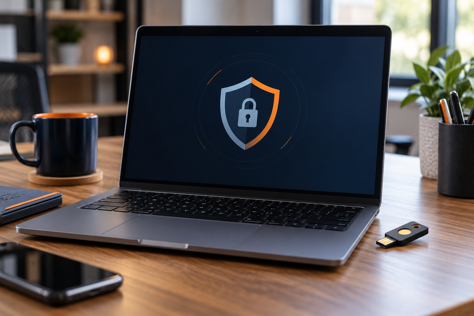 Laptop on a desk displaying a security shield icon, with a mug and phone nearby