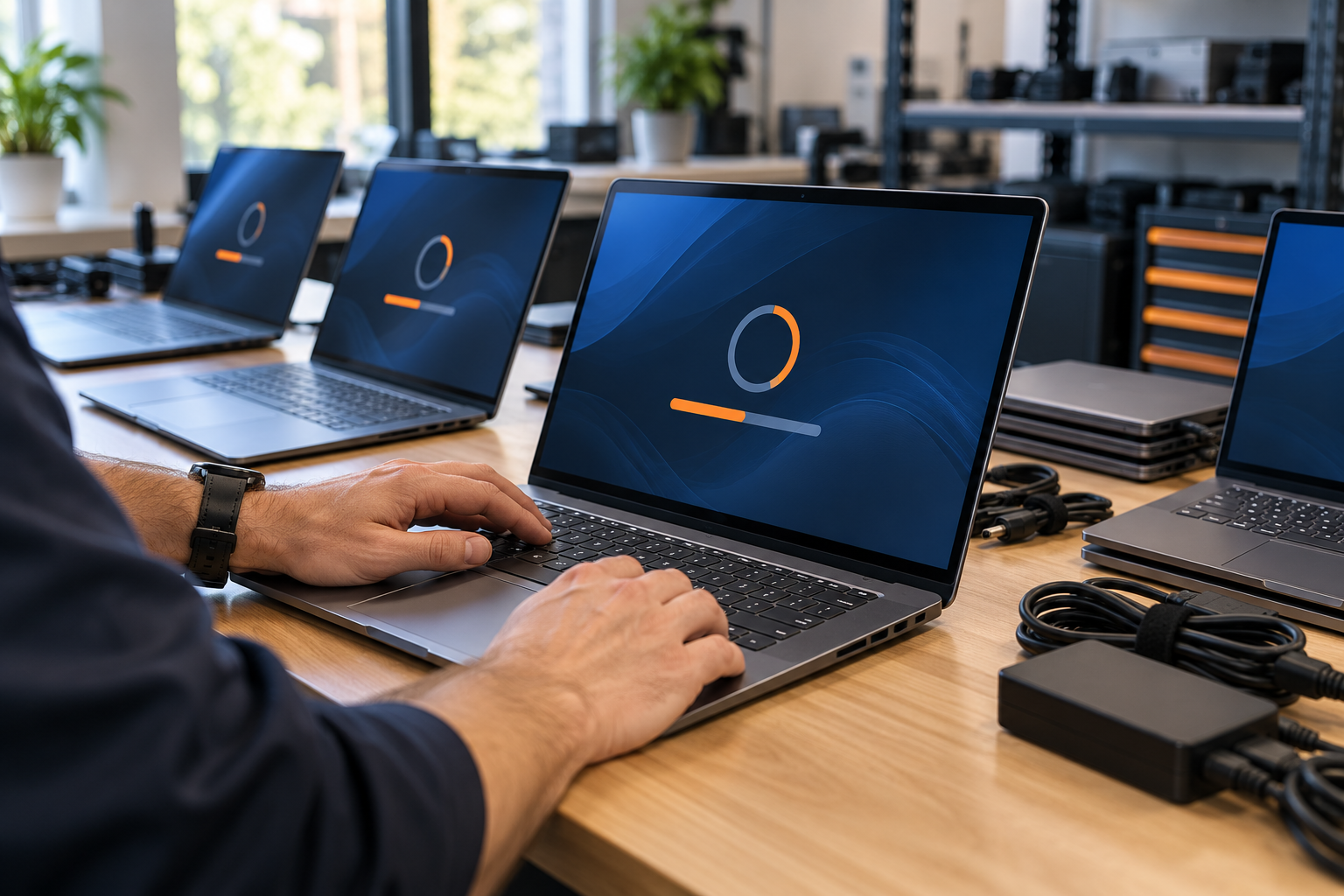 Hands typing on several open laptops in a modern office, each screen showing a blue loading circle.